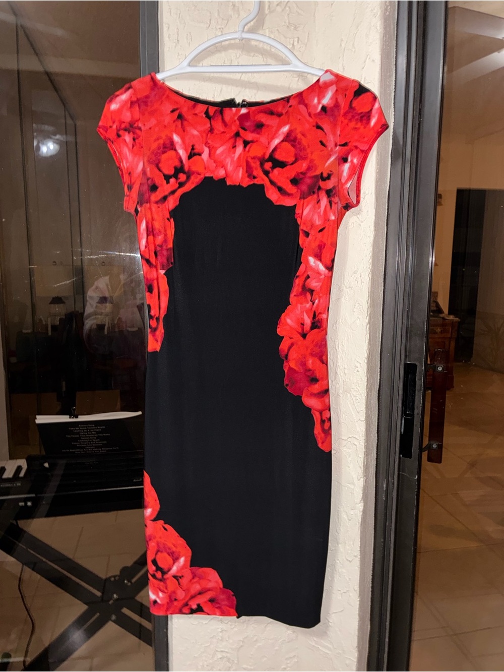 Cache Black Midi Dress with Red Floral Trim